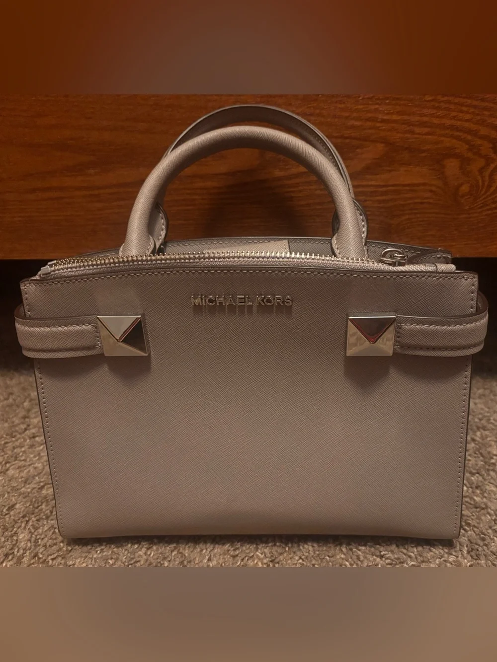 Michael Kors Silver Saffiano Dome Satchel
